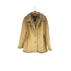 UD Utex Vegan Tan Faux Suede Leather Fur Coat Hooded Shawl Collar Womens Large